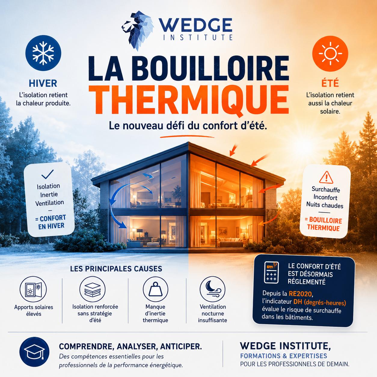 Le confort d'été DPE est devenu un critère clé depuis la RE2020. Découvrez le DH, les bâtiments à risque et les 7 solutions concrètes recommandées par Wedge Institute.