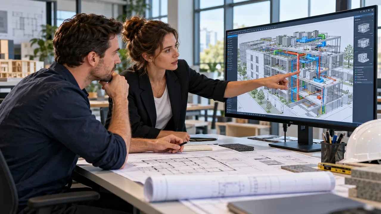 Professionnels examinant une maquette numérique de bâtiment sur écran